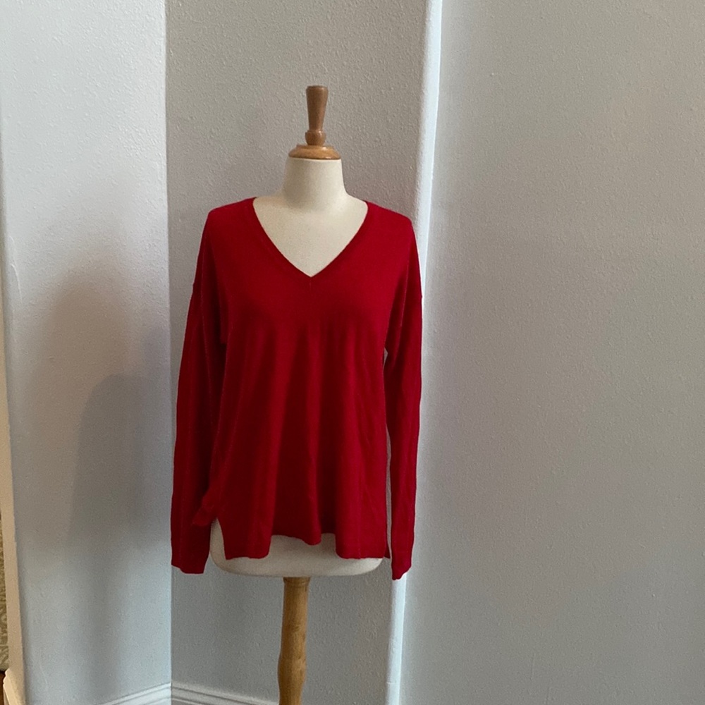 Lane Bryant Sweater 14/16 Red Merino Wool V Neck Classic Office Holiday Luxury